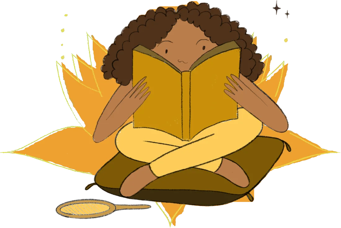 Ilustração da Thais lendo um livro, sentada sobre uma flor de lótus